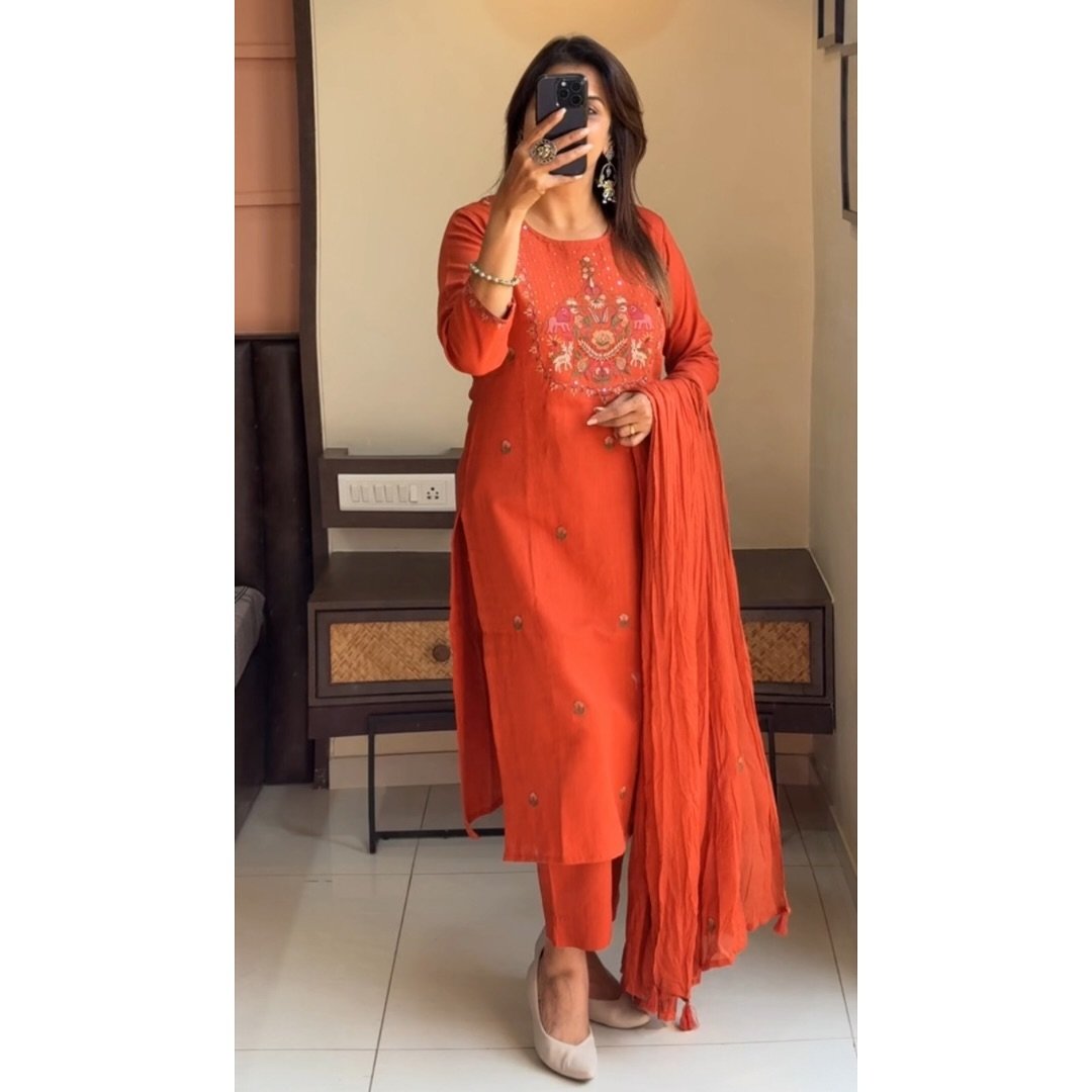 Orange Cotton Chikankari Embroidered Kurti Set
